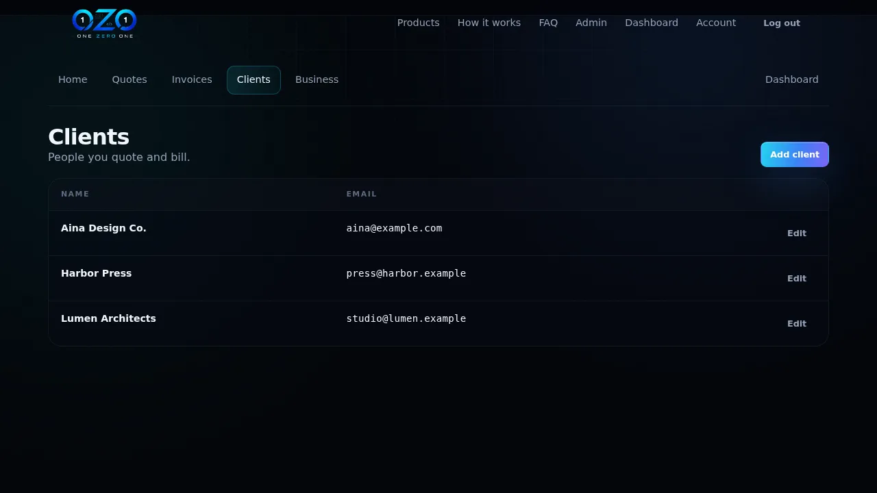 Client list in OZO Invoice