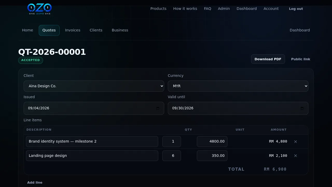 Quotation editor with line items