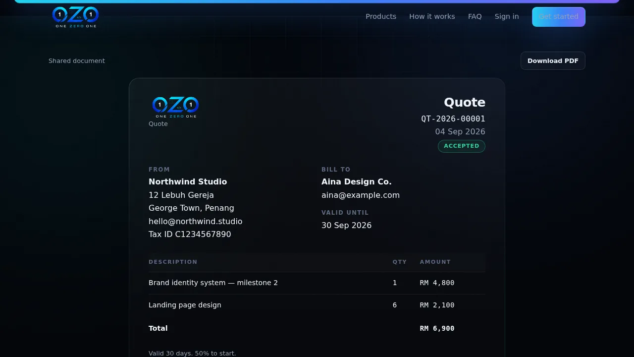 Public share page for a quotation