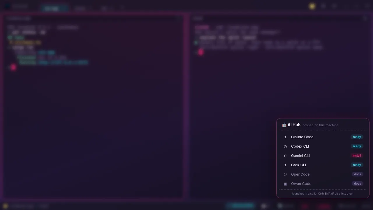 AI Hub menu showing probed coding CLIs