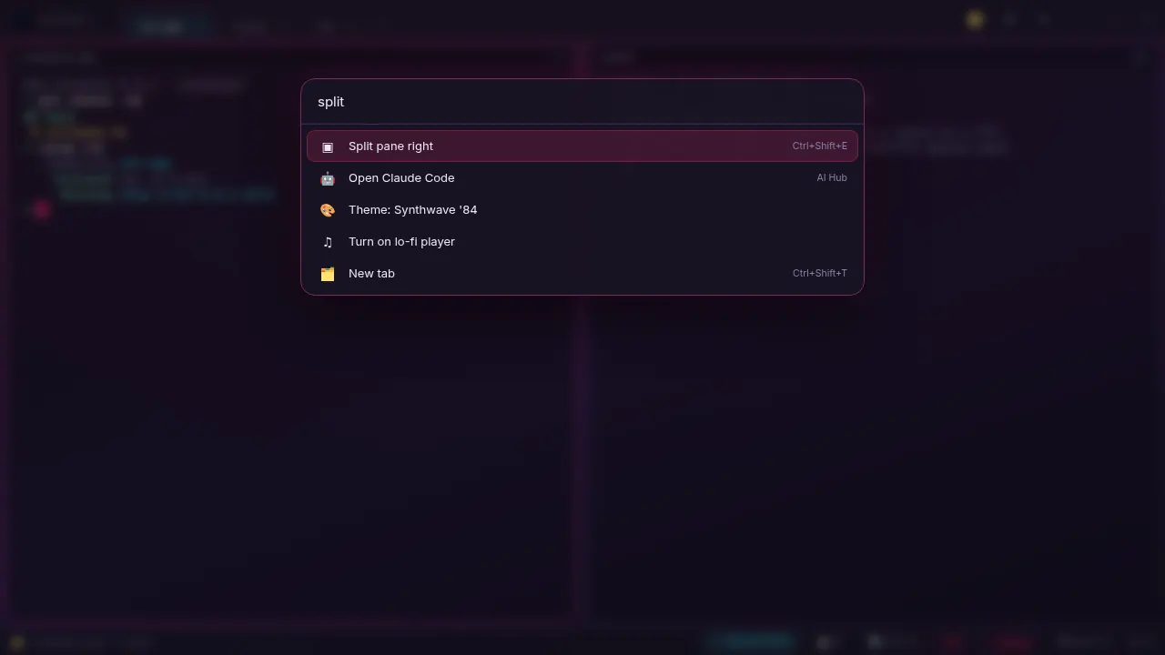 Command palette open, searching split pane right
