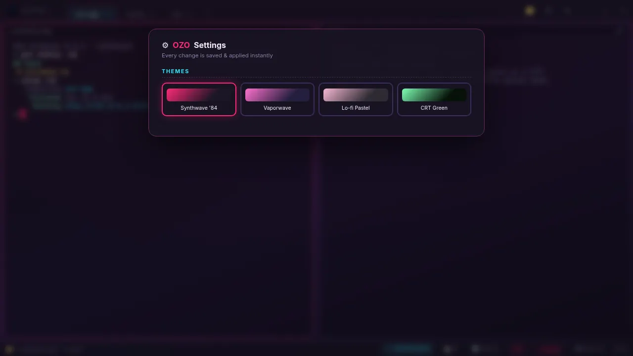 Settings panel with Synthwave, Vaporwave, Lo-fi and CRT theme swatches