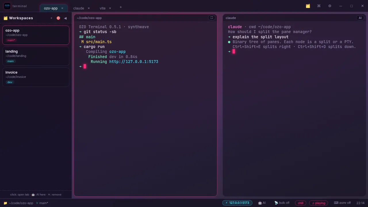 Workspaces sidebar listing project folders and git branches