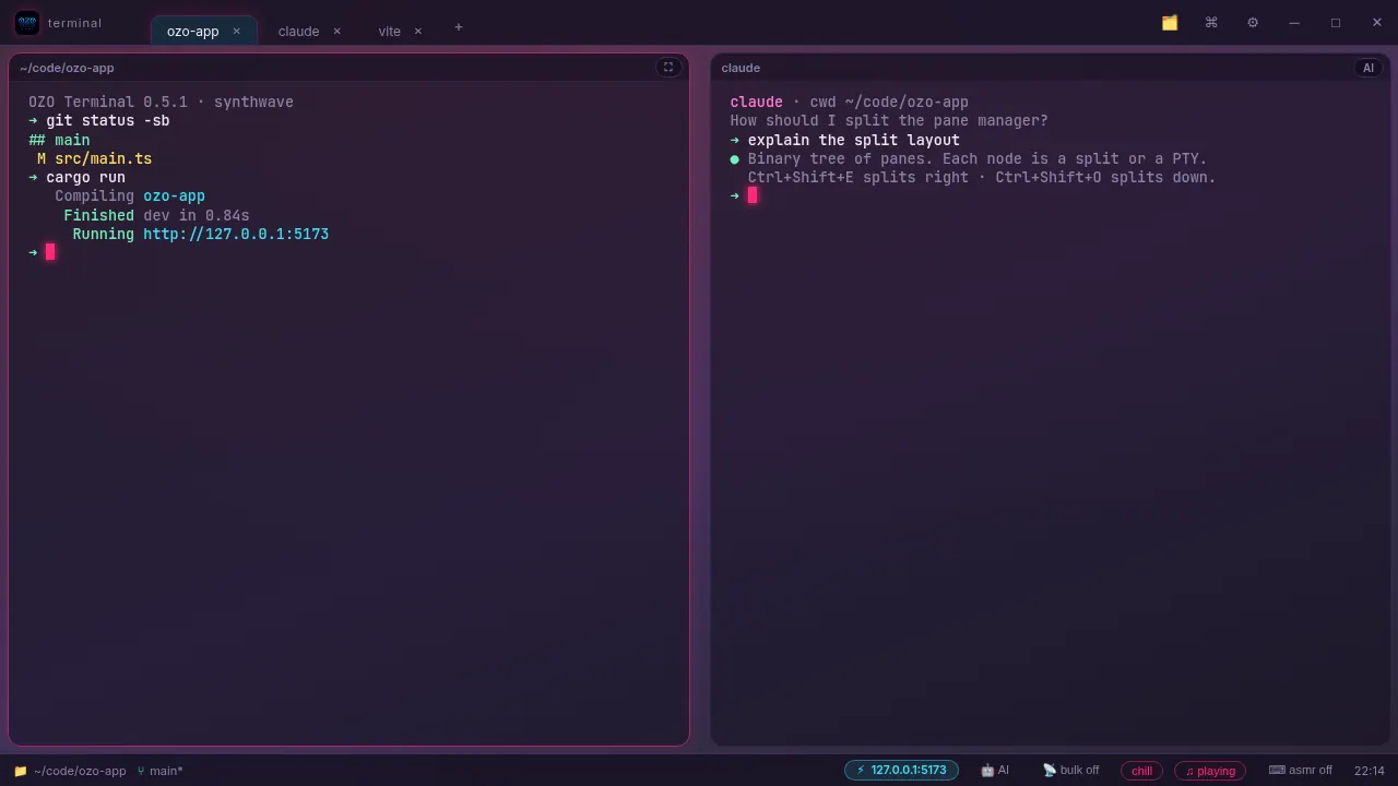 OZO Terminal split panes: cargo compile on the left, Claude Code on the right